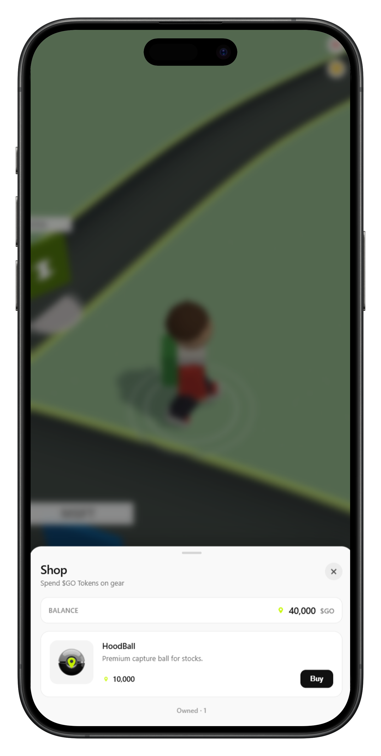 HoodGO shop showing HoodBall purchase for 10,000 GO tokens